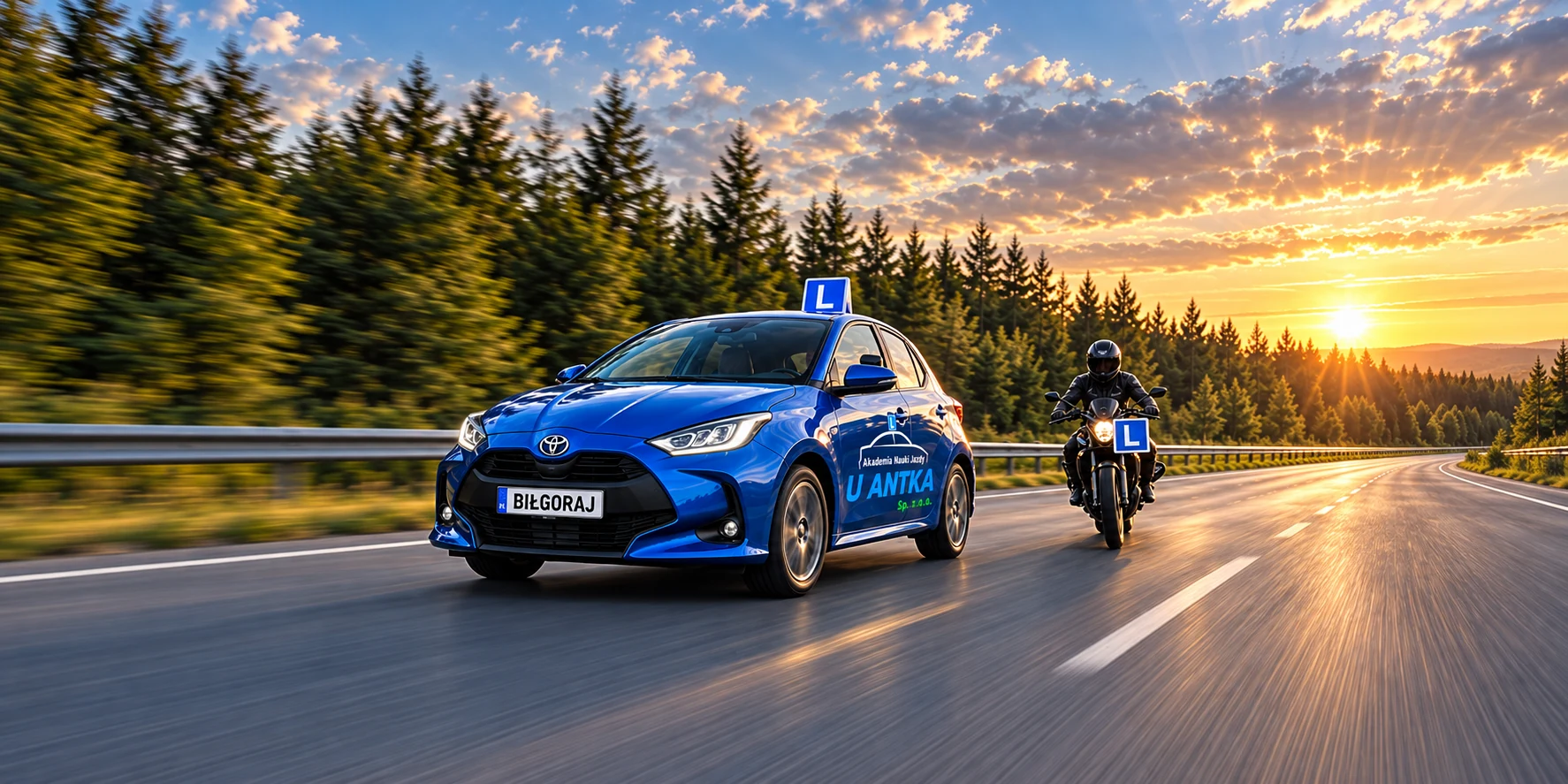 Niebieski samochód szkoleniowy U Antka i motocyklista na drodze